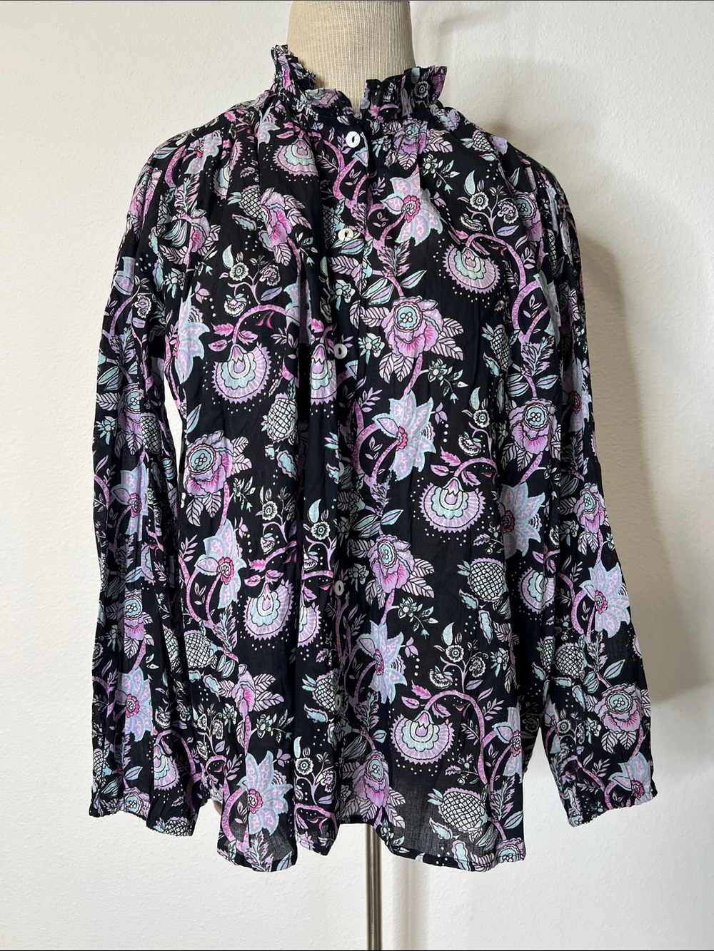 Anthropologie Mille Resort & Travel Floral Ruffle-Neck Long Sleeve Top
